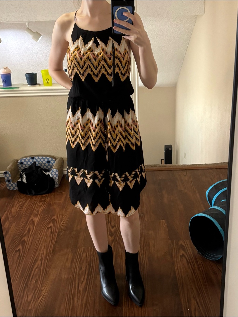 Anna Black Midi Dress with Gold and Cream Chevron Print